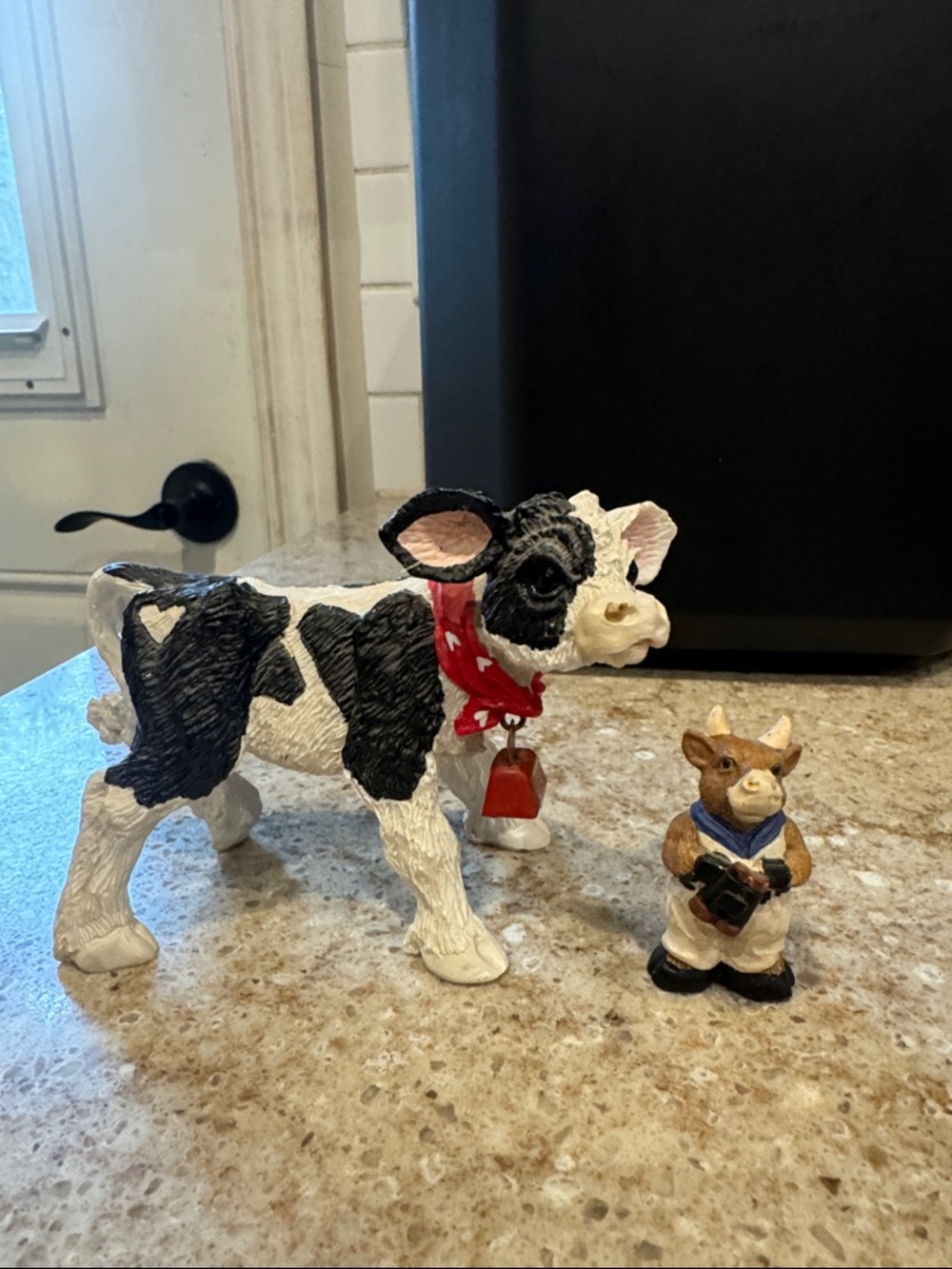 Ceramic Cow Figurine with Small Cowling Figurine - Black & White